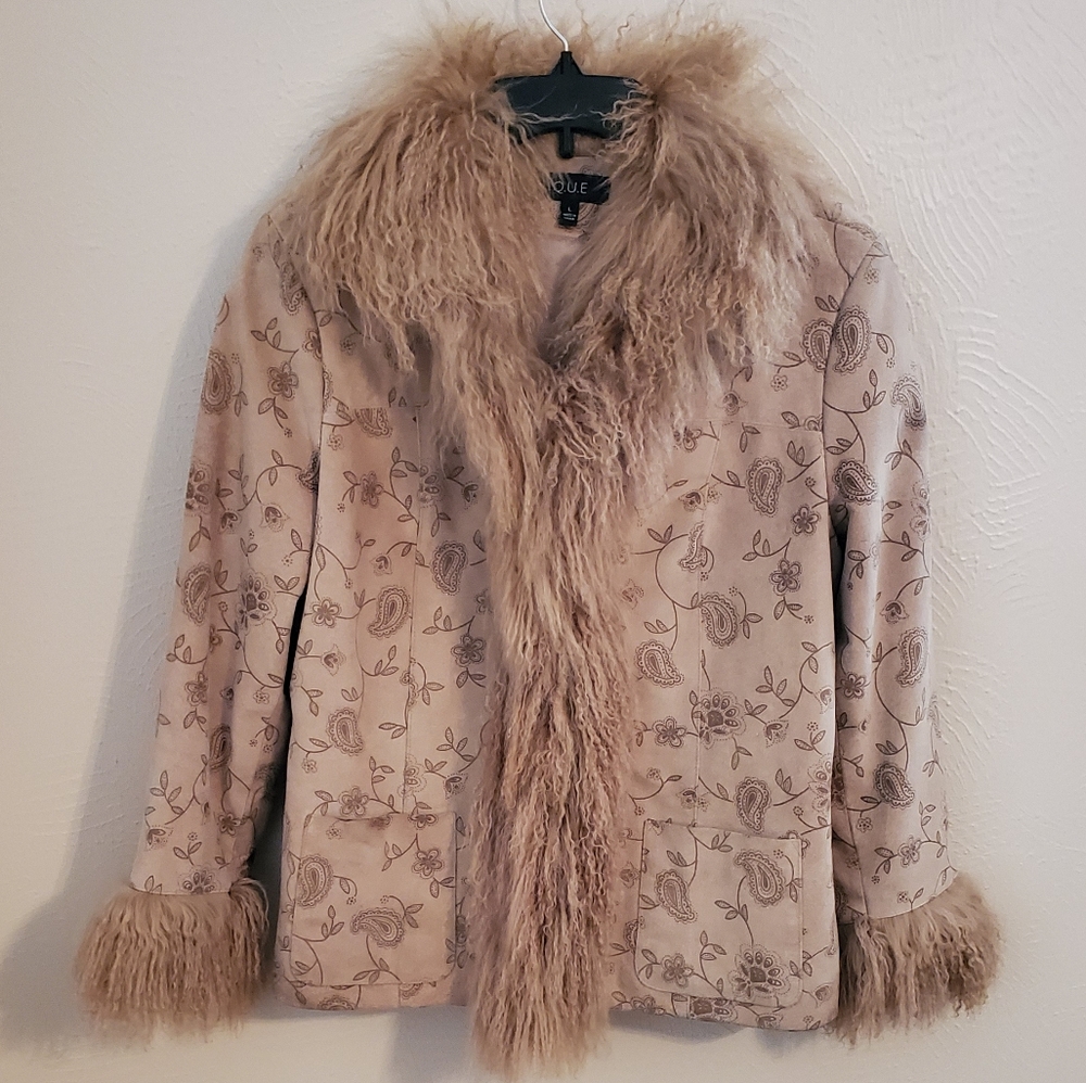 Q.U.E. Paisley printed Leather Coat w 100%Lamb Fur